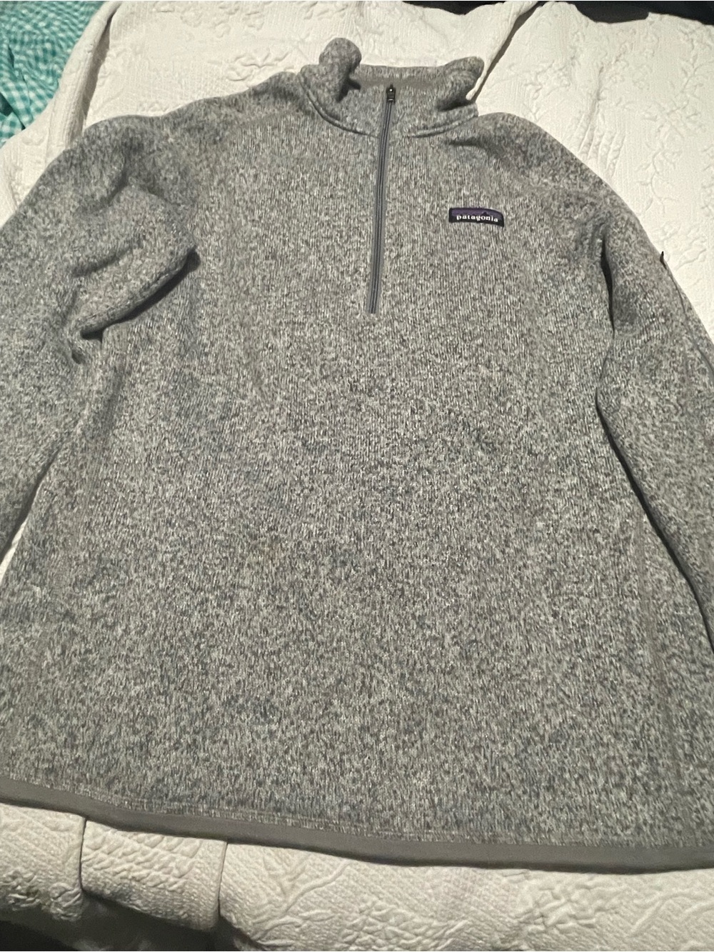 Patagonia Women’s L  Gray Quarter-Zip Sweater with Zip pocket on sleeve 20 P2P